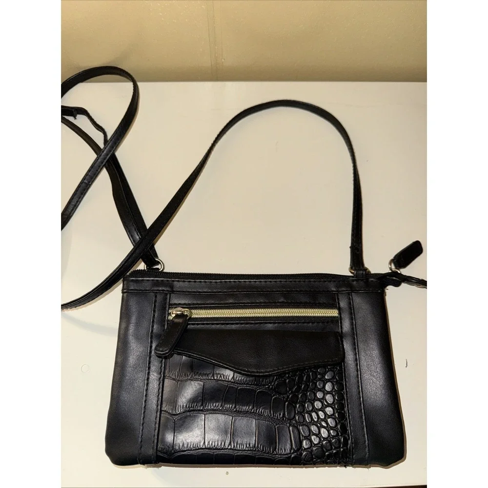 Black Croc Embossed Faux Leather Crossbody Bag with Multiple Pockets and Strap